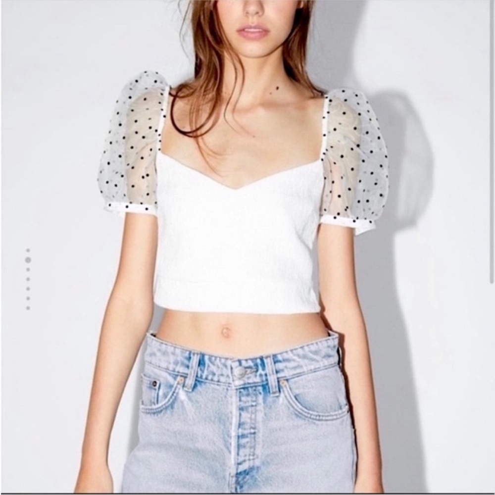 Zara cropped white top with polkadot tulle  sleeves size small NWT